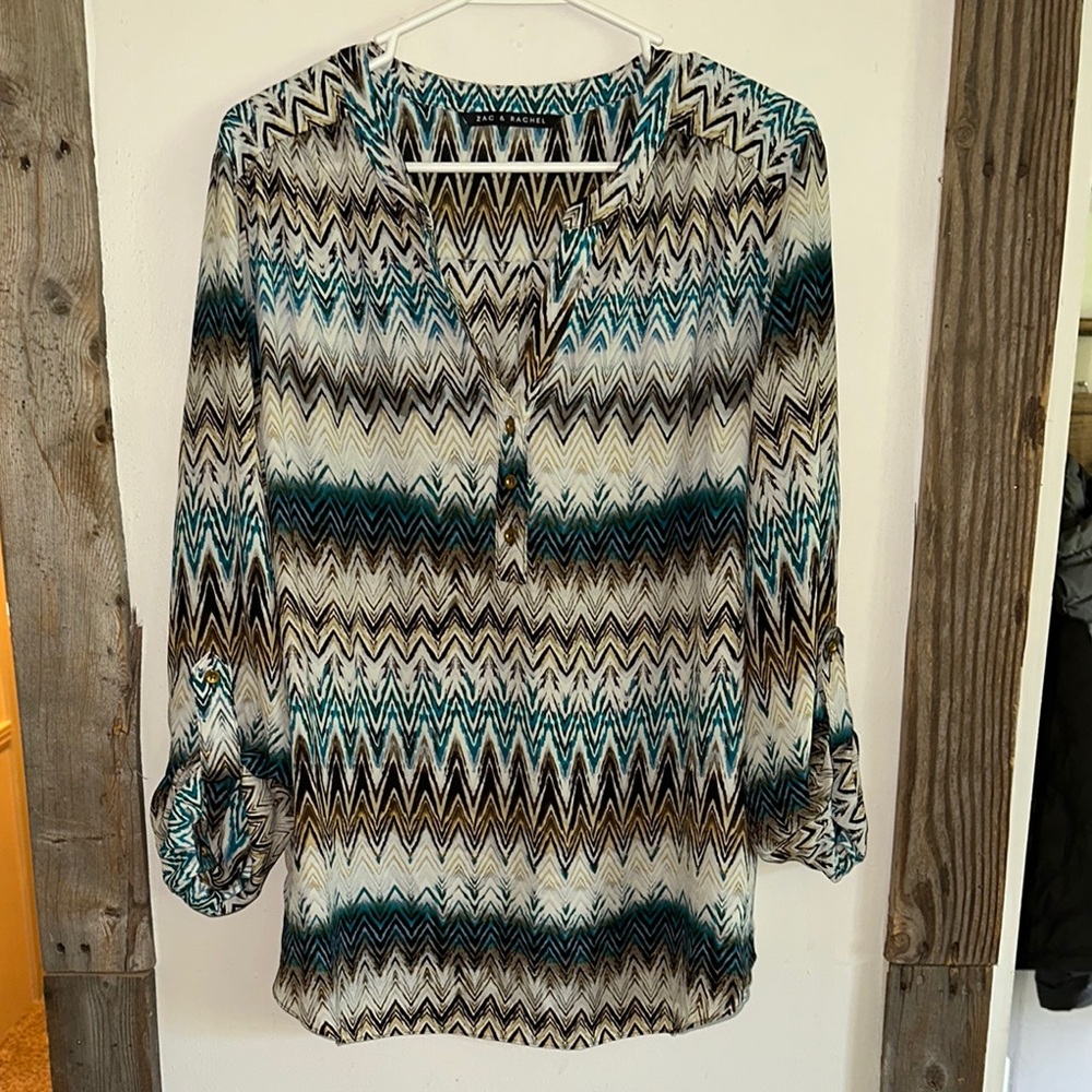 Zac & Rachel Multi-Color Blue 3/4 Sleeve Relaxed Blouse Button Rollup Sleeves